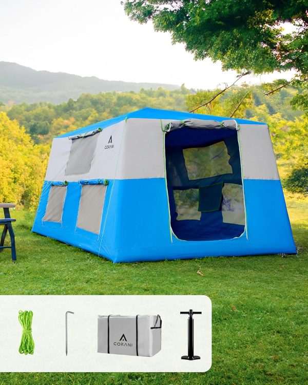 14.1'x6.5'x9' Inflatable Tents for Camping, Portable 6/8/10 Person Blow Up Air Tent, Waterproof Windproof Easy Setup Large Family Tent with 2 Doors, 6 Windows, Mosquito Screen