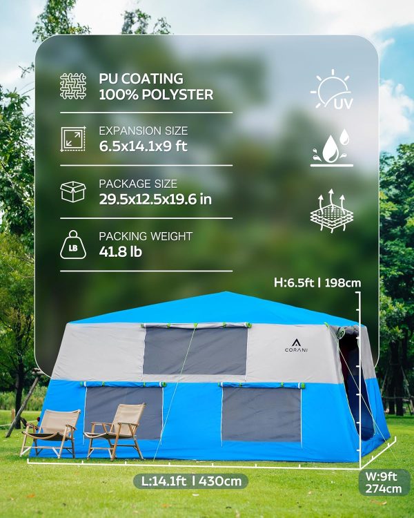 14.1'x6.5'x9' Inflatable Tents for Camping, Portable 6/8/10 Person Blow Up Air Tent, Waterproof Windproof Easy Setup Large Family Tent with 2 Doors, 6 Windows, Mosquito Screen - Image 2