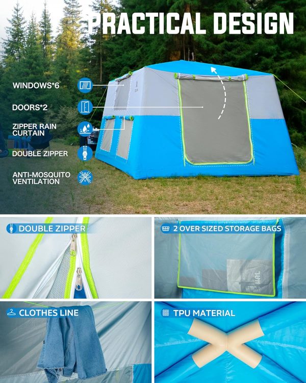 14.1'x6.5'x9' Inflatable Tents for Camping, Portable 6/8/10 Person Blow Up Air Tent, Waterproof Windproof Easy Setup Large Family Tent with 2 Doors, 6 Windows, Mosquito Screen - Image 4