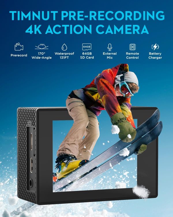 Action Camera 4K30fps with 64G SD Card,HD Waterproof Camera 131ft Underwater Cameras 20MP Pre-recording WiFi Camera 170° Remote Control Sports Cameras with 2 Batteries Helmet Mount Accessories Kits - Image 2