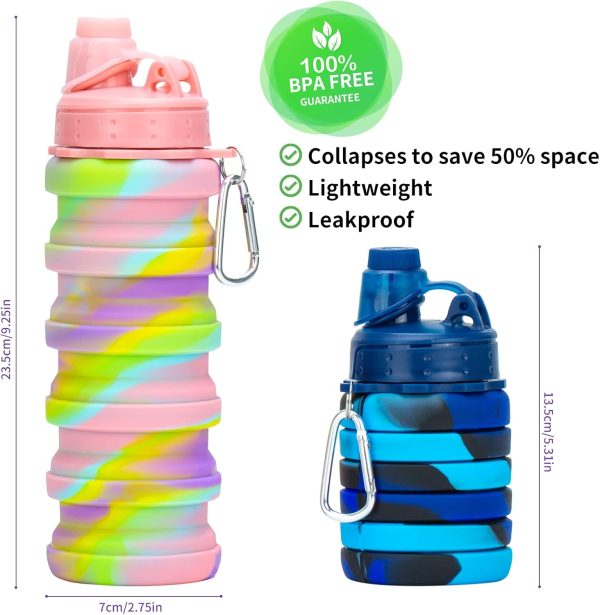 Collapsible Water Bottles, 2 Pack 16oz Silicone Travel Water Bottle Leakproof BPA Free Foldable Sport Water Bottles with Leak proof Twist Cap for Camping,Hiking Outdoor Indoor Sport - Image 2