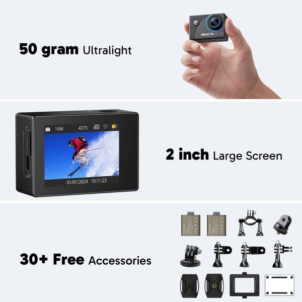 Dragon Touch 4K Action Camera 20MP Vision 3 Underwater Waterproof Camera 170° Wide Angle WiFi Sports Cam with Remote 2 Batteries and Mounting Accessories Kit - Image 4