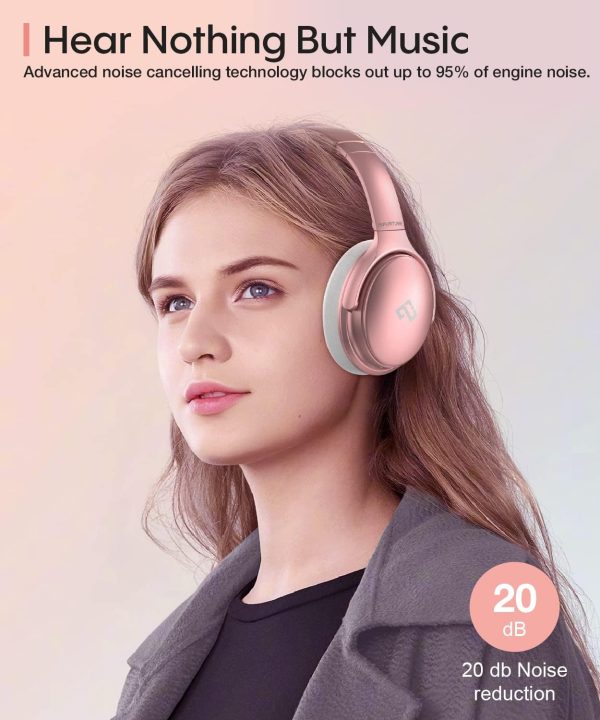 INFURTURE Rose Gold Active Noise Cancelling Headphones with Microphone Wireless Over Ear Bluetooth, Deep Bass, Memory Foam Ear Cups, Quick Charge 40H Playtime, for TV, Travel, Home Office - Image 2